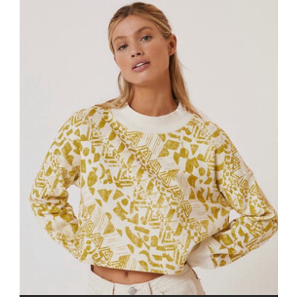 Amadi Womens Size XS Printed Cropped Sweatshirt Yellow Made In USA Anthropologie